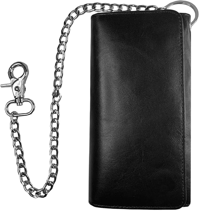 IBRO VINTAGE Motorcycle Chain Wallet for Men – Premium Cowhide Leather, RFID Tri-Fold Biker Wallet with Heavy Duty Chain for Bikers Truckers & Hunters, Credit Card Money Organizer Long Wallet | Long Trifold, RFID Blocking, Men's, Trucker Biker