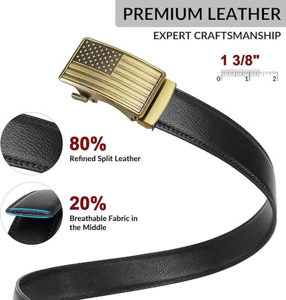 SANSTHS Mens Ratchet Belts Leather 1 3/8" for Men Dress and Casual, Adjustable Click Belts with American Flag Buckles