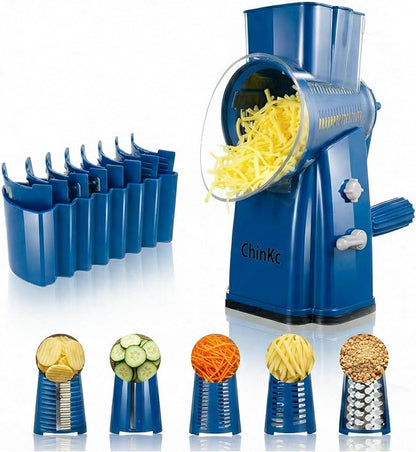 Upgrade Rotary Cheese Grater Shredder with Handle, Strong Suction Base, Multi-purpose Rotary Grater Slicer with 5 Interchangeable Blades for Ice, Vegetables, Fruit, Nuts with Blade Storage Box