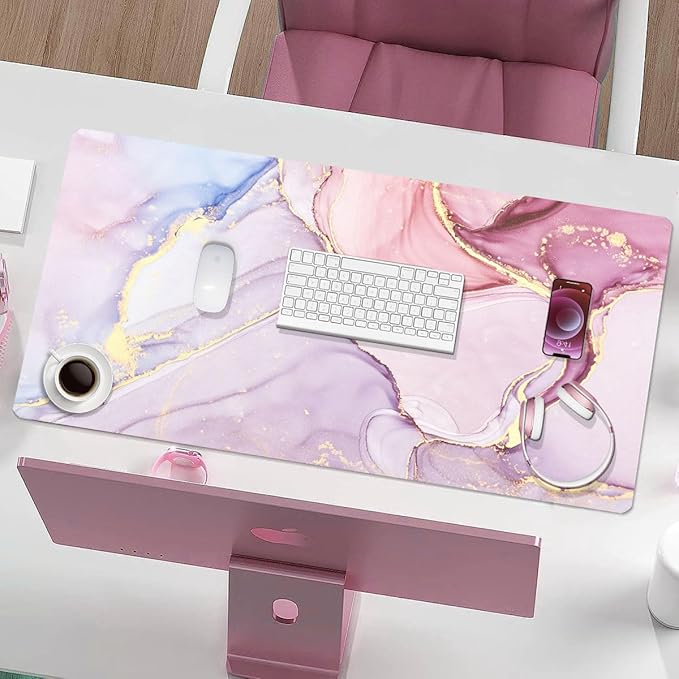 Large Mouse Pad, Desk Mat for Desktop, Dual Side PU Leather Waterproof Gaming Mousepad Desk Pad, Desk Protector Writing Pads Desk Accessories for Office and Home (A-Pink Marble, 24''X14'')