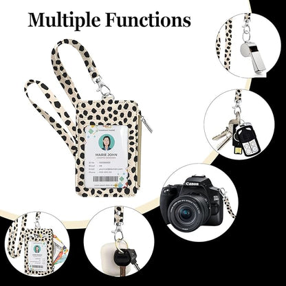 bolimoss Polka Dot Lanyard Wallet with Id Badge Holder Cute Leather Small Credit Card with 5 Card Slots, Side Zipper Coin Pocket,Breakaway Keychain Lanyards for Teacher School Nurse Office Worker