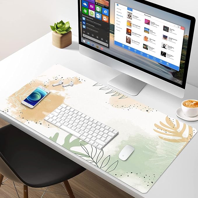Large Mouse Pad, Desk Mat for Desktop, Dual Side PU Leather Waterproof Gaming Mousepad Desk Pad, Desk Protector Writing Pads Desk Accessories for Office and Home (E-Watercolor Plants, 31.5''X15.8'')