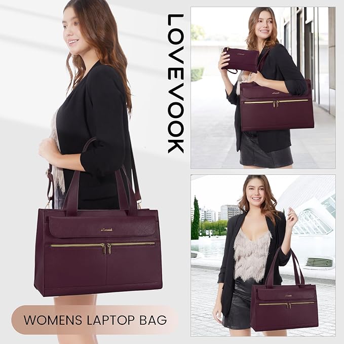 LOVEVOOK Laptop Tote for Women - 15.6 Inch Professional Leather Computer Briefcase, Waterproof Shoulder Bag, Large Capacity Business Teacher Office Bag, Crossbody Purse - Fuchsia
