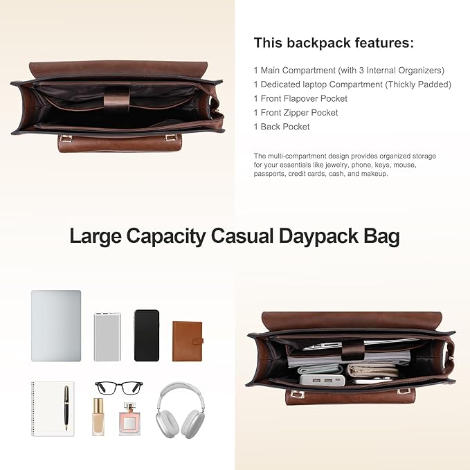 MOSISO Trendy Leather Backpack Purse for Women Men, 15.6-16 inch Laptop Backpack Waterproof Stylish Large Capacity Casual Daypack Bag for Work Business College Travel, Brown