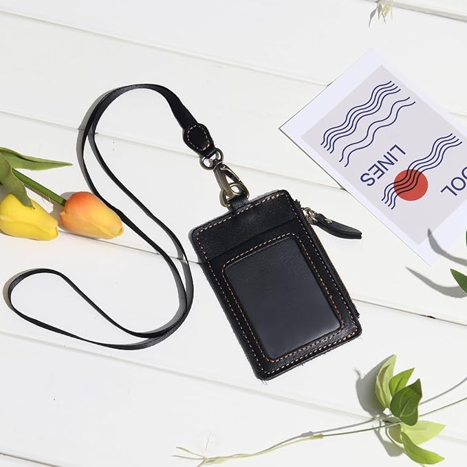 Wonderpool Leather ID Badge Holder with Zipper Wallet Pouch - Card Slots Case Detachable Neck Lanyard and Retractable Badge Reel for Office School Hospital Exhibition ID (Black)