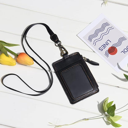 Wonderpool Leather ID Badge Holder with Zipper Wallet Pouch - Card Slots Case Detachable Neck Lanyard and Retractable Badge Reel for Office School Hospital Exhibition ID (Black)