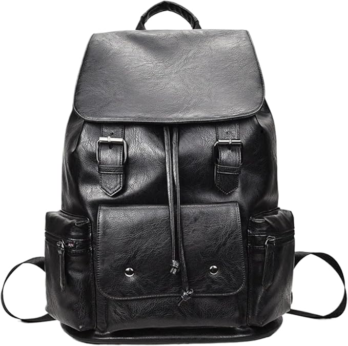 Unisex PU leather laptop bag work business bag hiking backpack leisure day bag university schoolbag (Large,Black 3)
