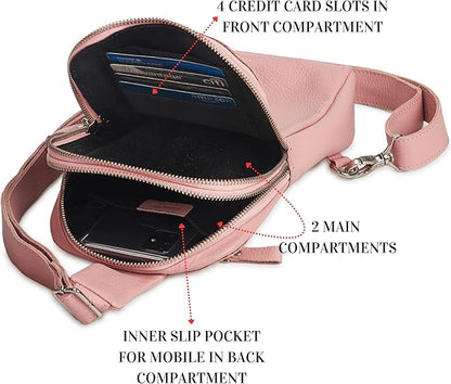 Leather Sling Bag for Women Genuine Crossbody Purse Small Trendy Cross Over Chest with Phone and Credit Card Slots (Baby Pink Nappa)