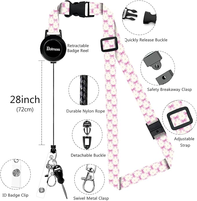 bolimoss Pink Bow Badge Holders, Cute PU Leather ID Card Name Bdge Holder with Detachable Neck Lanyard Strap and Retractable Badge Reel Metal Clip Sturdy Buckle for Key Wallet