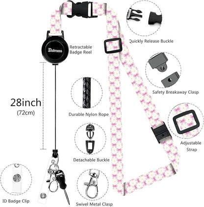 bolimoss Pink Bow Badge Holders, Cute PU Leather ID Card Name Bdge Holder with Detachable Neck Lanyard Strap and Retractable Badge Reel Metal Clip Sturdy Buckle for Key Wallet