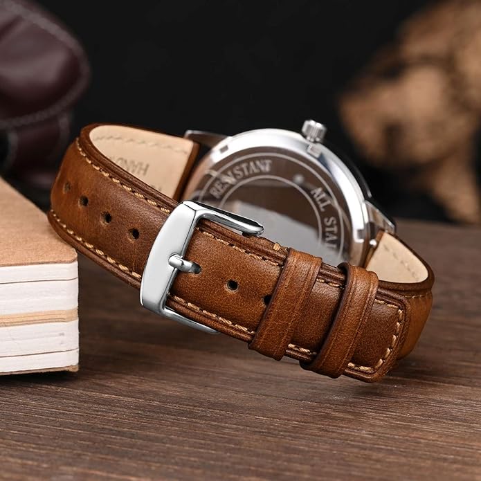 WOCCI Quick Release Watch Band, Distressed Genuine Leather, Stainless Steel Buckle, Strap Width 18mm 19mm 20mm 22mm 24mm