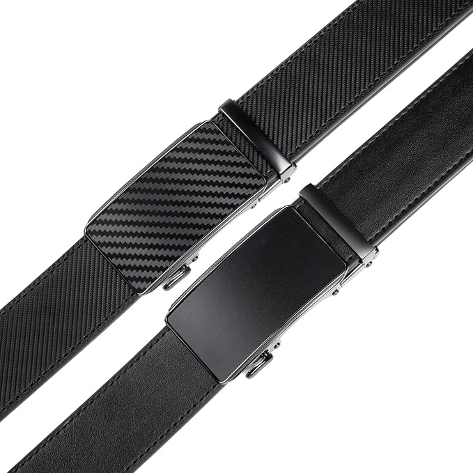 2 Pack Ratchet Belt 1 3/8", Mens leather Dress Belt in Gift Set Size 28"-62" Adjustable waist Trim to Fit