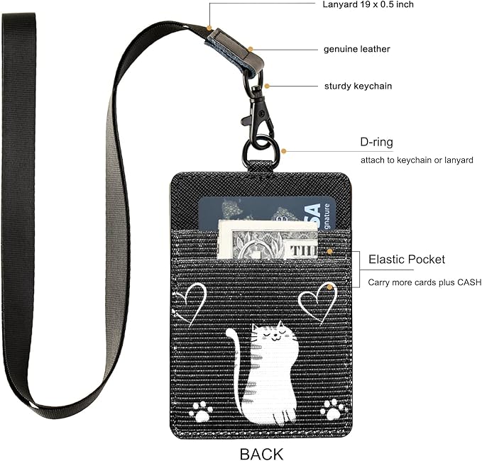 Leather Badge Holder, Vertical ID Card Holder with Clear Window, 2 Elastic Card Slots & Detachable Lanyard for Offices, Schools (Black-D)