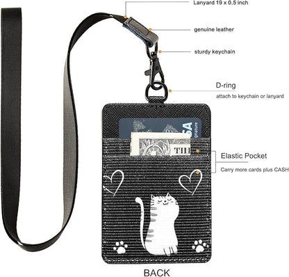 Leather Badge Holder, Vertical ID Card Holder with Clear Window, 2 Elastic Card Slots & Detachable Lanyard for Offices, Schools (Black-D)