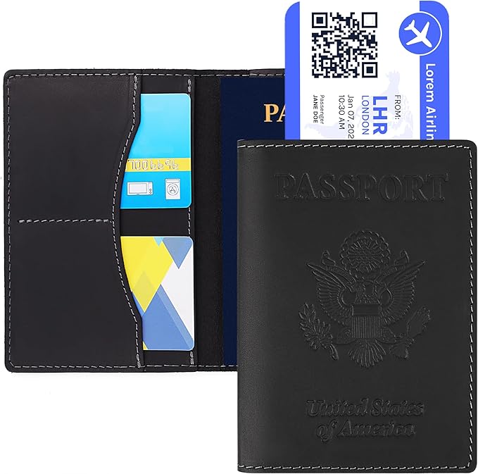 Shvigel Genuine Leather Passport Cover – Passport Holder for Men & Women – Crazy Horse Leather Travel Wallet Black