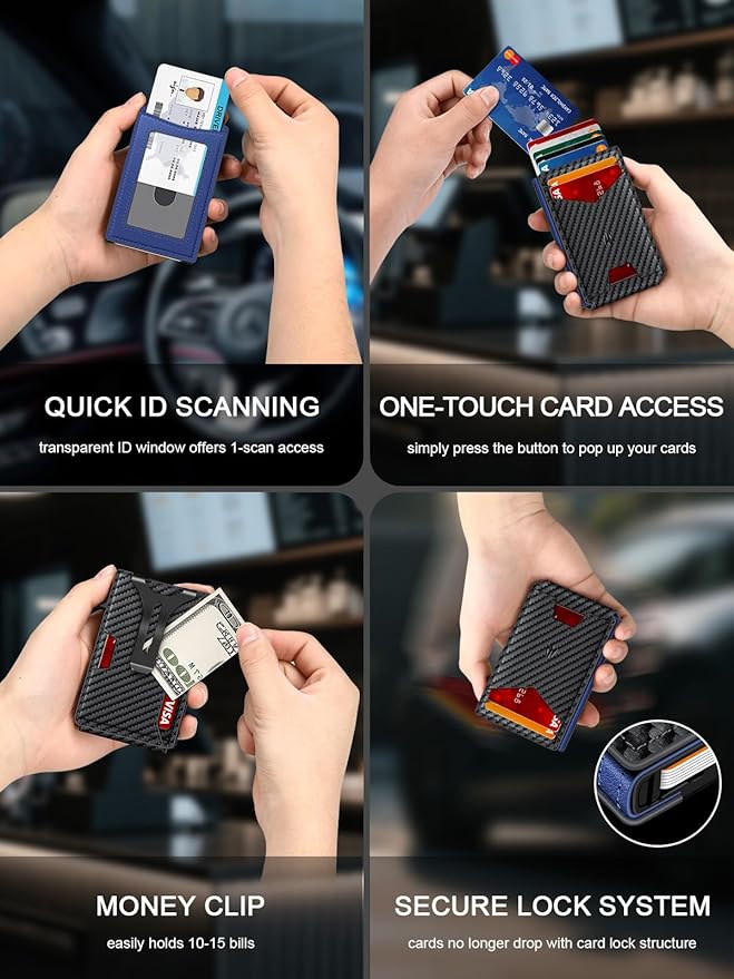 Wallet for Men, Slim Minimalist Wallet with Money Clip＆ID Window, RFID Blocking Pop-Up Credit Card Holder, Smart Auminum Mens Wallet Holds 9-13 Cards (Gift Box) (Carbon Fiber & Blue)