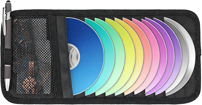 1 Pcs Car CD Holder, Car Sun Visor Storage DVD Disc Holders Pocket Case Organizer with 12 DVD Storage Sleeves, one Mesh Pocket, one Pen Holder, and Elastic Strap (Black)