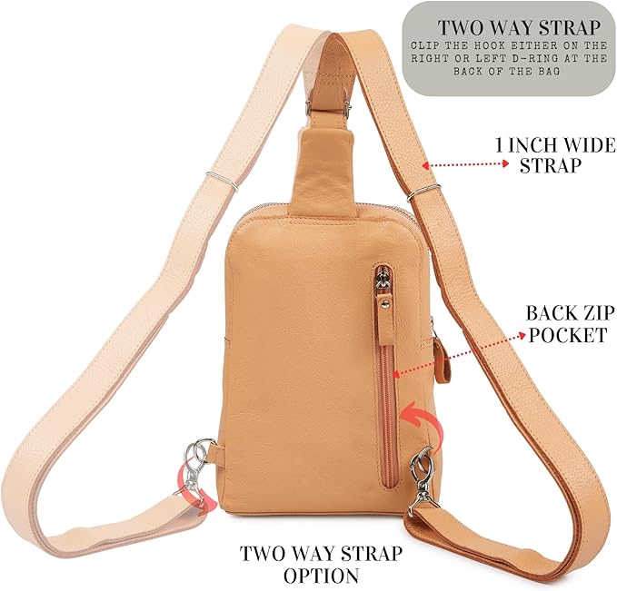Leather Sling Bag for Women Genuine Crossbody Purse Small Trendy Cross Over Chest with Phone and Credit Card Slots (Peach Nappa)