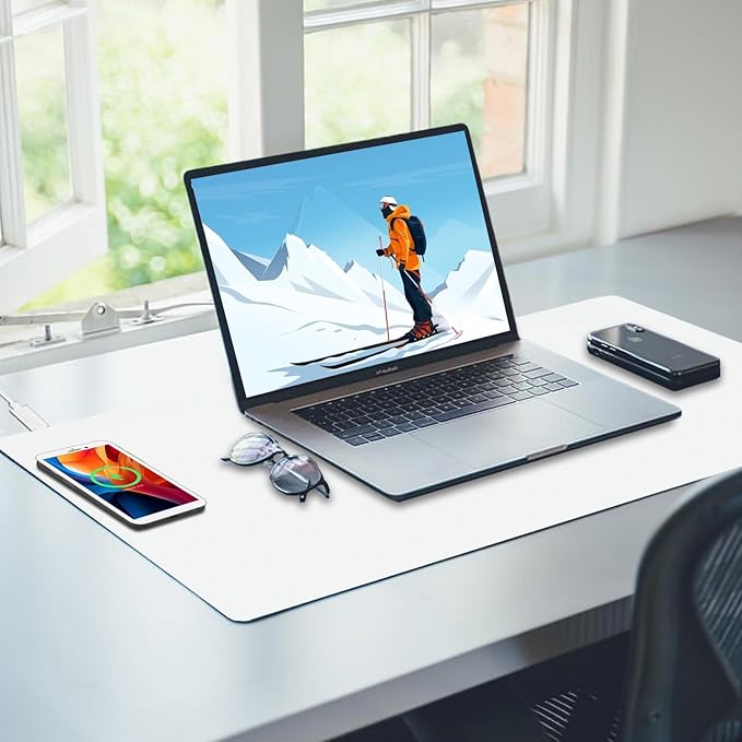 Desk Mat with Wireless Charging, White Mouse Pad with Wireless Charger, Desk Pad Matt for Desktop, Mousepad Gaming Large Mouse Pad, Leather Compute for Keyboard and Mouse, 32" x 16"