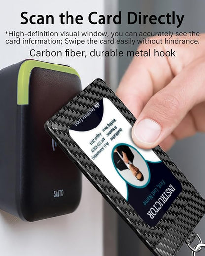 Carbon Fiber Work ID Card Holder with Lanyard is a Stylish and Durable Card Holder with Dual Card Capacity, Clear Display Window and Privacy Back Pocket (with Logo)