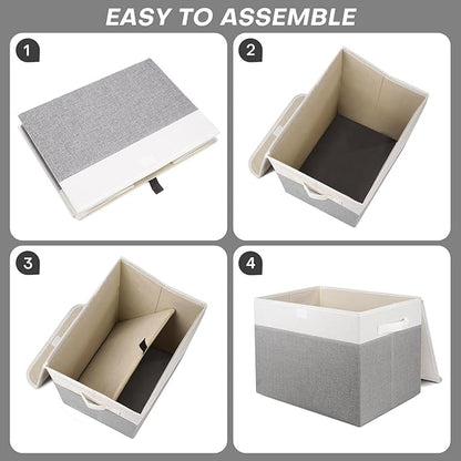 Bagnizer Large 17" 42 Quarts Collapsible Stackable Storage Bins with Lids [3-Pack] Foldable Fabric Linen Storage Boxes Cube, Closet Organizer Baskets with Label (16.7 x 12 x 12, Gray & White)