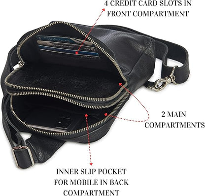 Leather Sling Bag for Women Genuine Crossbody Purse Small Trendy Cross Over Chest with Phone and Credit Card Slots (Black Nappa)