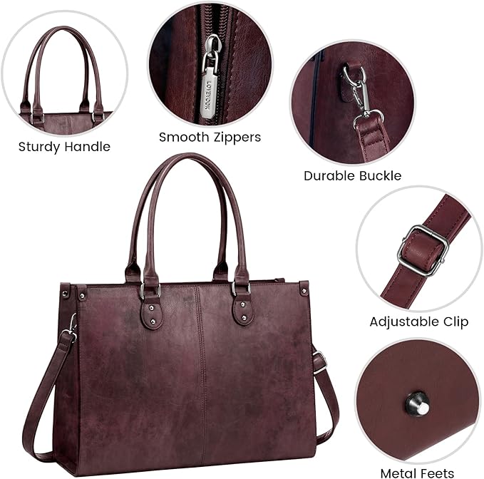 LOVEVOOK Laptop Tote Bag for Women, 15.6 Inch Large Capacity Vintage Leather Work Computer Bag, Business Casual Shoulder Handbag, Fuchsia