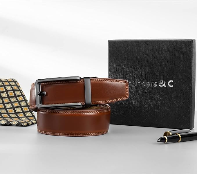 Founders & C Men's Leather Ratchet Comfort Click Belt Dress with Slide Buckle -Adjustable Trim to Fit