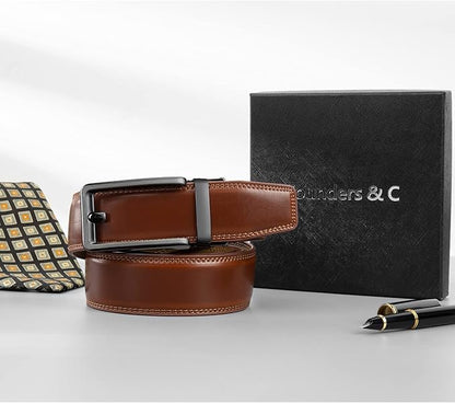 Founders & C Men's Leather Ratchet Comfort Click Belt Dress with Slide Buckle -Adjustable Trim to Fit