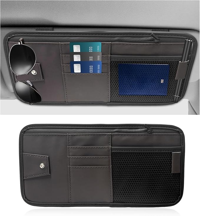 Car Sun Visor Organizer, PU Leather Multi-Pocket Visor Storage Pouch with Zipper, Auto Interior Document Holder Sunvisor Card Sleeve Pocket Organizer for Driving License Pen Key (Brown)