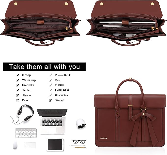 MOSISO Laptop Bag for Women, 17 inch PU Leather Laptop Shoulder Bags Convertible Backpack, 17.3 inch Messenger Bags Casual Handbag Work Briefcase Travel Computer Bag with Bowknot, Brown