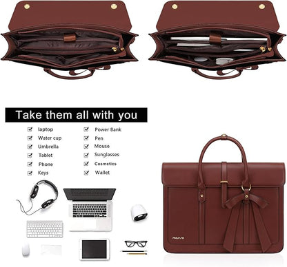 MOSISO Laptop Bag for Women, 17 inch PU Leather Laptop Shoulder Bags Convertible Backpack, 17.3 inch Messenger Bags Casual Handbag Work Briefcase Travel Computer Bag with Bowknot, Brown