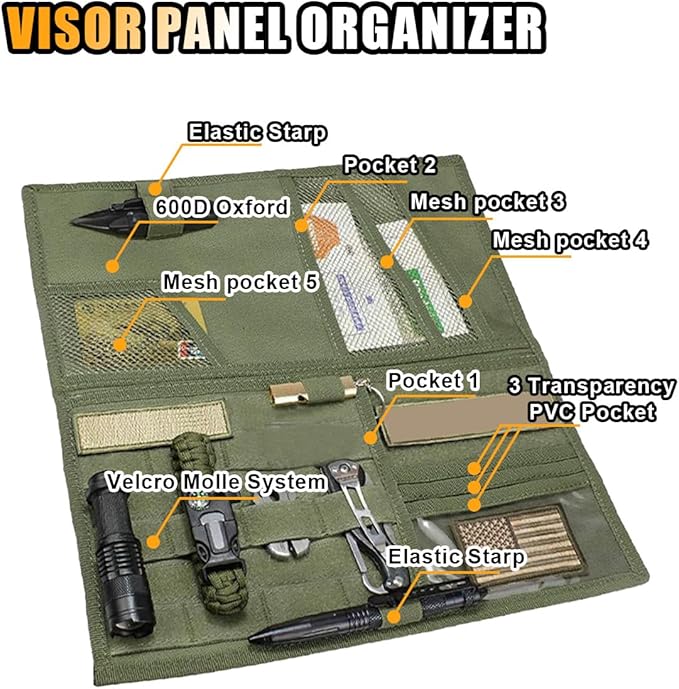 Tactical Molle Car Sun Visor Organizer, Large Molle Visor Panel Storage Pouch Holder, Tactical Gear Truck Storage Shelf, 600D Car Sunshade Storage Bag for Large Vehicle (Army Green)