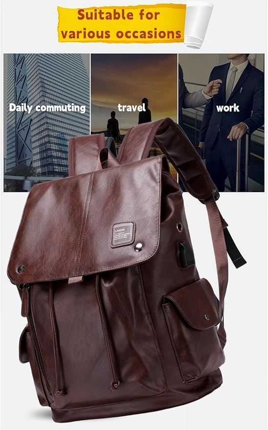 Soft leather backpack, casual PU backpack men women. USB charging port. Suitable for work, commuting, traveling, etc. Waterproof. (Brown)
