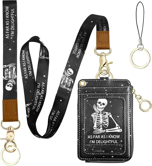2-in-1 Lanyard Wallet &ID Badge Holder, Breakaway Wristlet & Neck Lanyard with Zip ID Case, Leather ID Card Holder Keychain Name Badge Clip for Worker Nurse Teacher (As Far As I Know I'm Delightful)