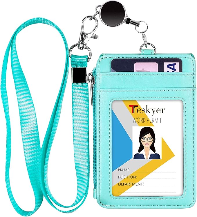 Teskyer Leather Badge Holder with Lanyard and Retractable Badge Reel, 4 Card Slots ID Card Holder with 1 Zipper Pocket for Office School Name Work IDs, Green