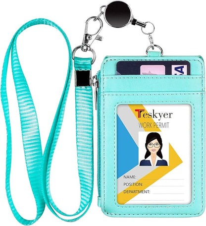Teskyer Leather Badge Holder with Lanyard and Retractable Badge Reel, 4 Card Slots ID Card Holder with 1 Zipper Pocket for Office School Name Work IDs, Green