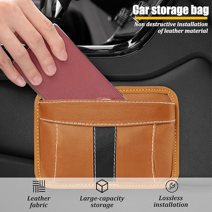 Car Seat Side Pocket Organizer, Leather Vehicle Seat Gap Filler Organizer, Automotive Console Side Cell Phone & Sunglasses Holder Storage Bag, Universal for SUV Automobile Truck (Brown)