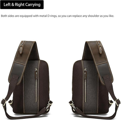 LANNSYNE Full Grain Leather Sling Bag For Men, Crossbody Bag fits 12.9" iPad Crossbody Chest Daypack