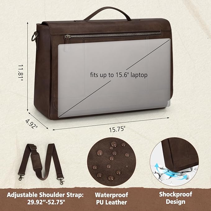 RAINSMORE Leather Messenger Bag for Men 15.6 Inch Laptop Bag Vintage Briefcase Large Computer Bag Satchel Shoulder Bag For College, Work, Business, Office, Dark Brown
