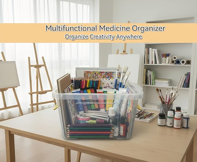 Pulseplay Clear Medicine Storage Box with Handle Portable Medicine Cabinet Organizer Multipurpose Plastic Storage Box with Removeable Tray for Home Office Travel Outdoor (Yellow)
