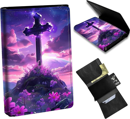 Flower Purple Minimalist Wallet for Men, Pop Up Card Case Wallet for Women, PU Leather Automatic Credit Card Holder Metal Money Clip Wallet RFID Blocking Bifold Pocket Wallet