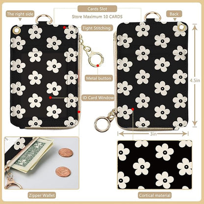 bolimoss Cute Floral Lanyard Wallet and ID Badge Holder with Zipper Pocket Breakaway Phone Wrist Lanyard, RFID Pu Leather Credit Card Holder