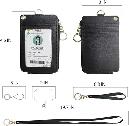 bolimoss Black Lanyards for Id Badges, Pu Leather ID Badge Card Holder Wallet with 1 Clear ID Window, 4 Credit Card Slots, 1 Side Zipper Pocket,Wrist Strap, Neck Lanyard,Phone Holder, Ring Keychain
