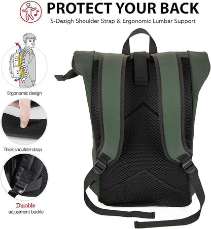 X RAY Roll Top Laptop Backpack for Men Women, PU Leather Expandable Roll Up Backpack Capacity Adjustable 22L & Fits 15.6" Laptop, Dark Olive