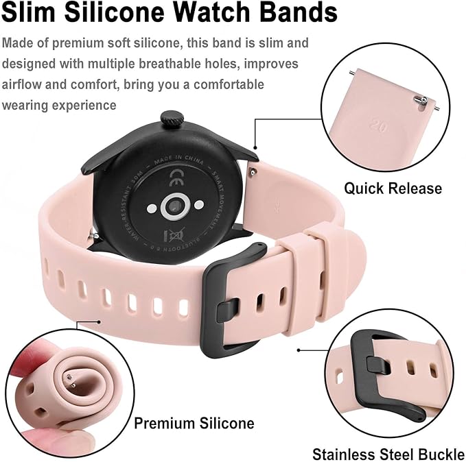 BISONSTRAP Silicone Watch Bands, Slim Watch Straps with Quick Release, 20mm, Pink with Black Buckle