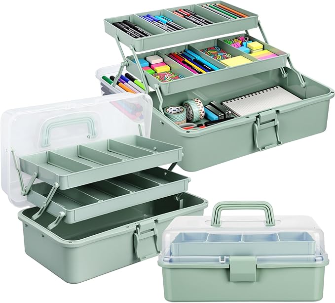 Teecyhooo 2 Pcs 13 Inch 3-layer Multipurpose Craft Organizers Storage Portable Plastic Tackle Box with Adjustable Spacers and Handled Folding Art Craft Case for Sewing Art Supply Medicine(Green)