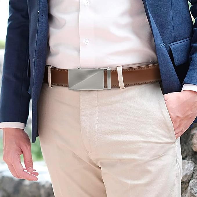SENDEFN Men's Leather Belt Automatic Ratchet Buckle Slide Belt for Dress Casual Trim to Fit with Gift Box