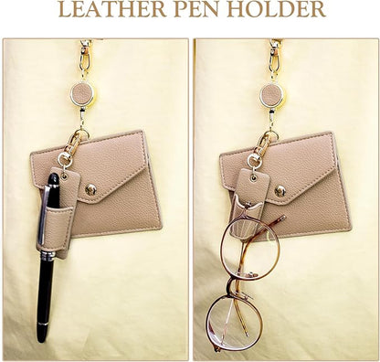 Office Badge Holder - Boshiho Genuine Leather Credit ID Card Holder with Stretch Neck Lanyard and Pen Clip, Gift Box (Horizontal-Light Brown)