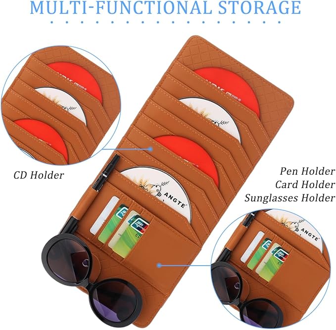 CD Case Holder for Car Sun Visor, Visor DVD Storage Organizer with Sunglasses Clip, Pen Holder & Card Slot, Multifunctional Automotive Disc Storage Pocket, Universal for SUV RV Truck (Brown)